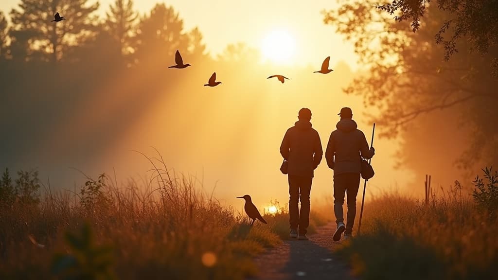 SkyWatch guides on a misty forest trail at dawn holding binoculars