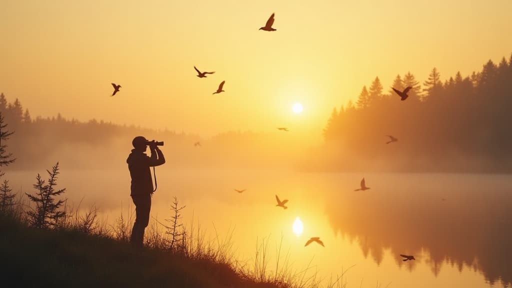 Birds in flight over misty wetlands at dawn