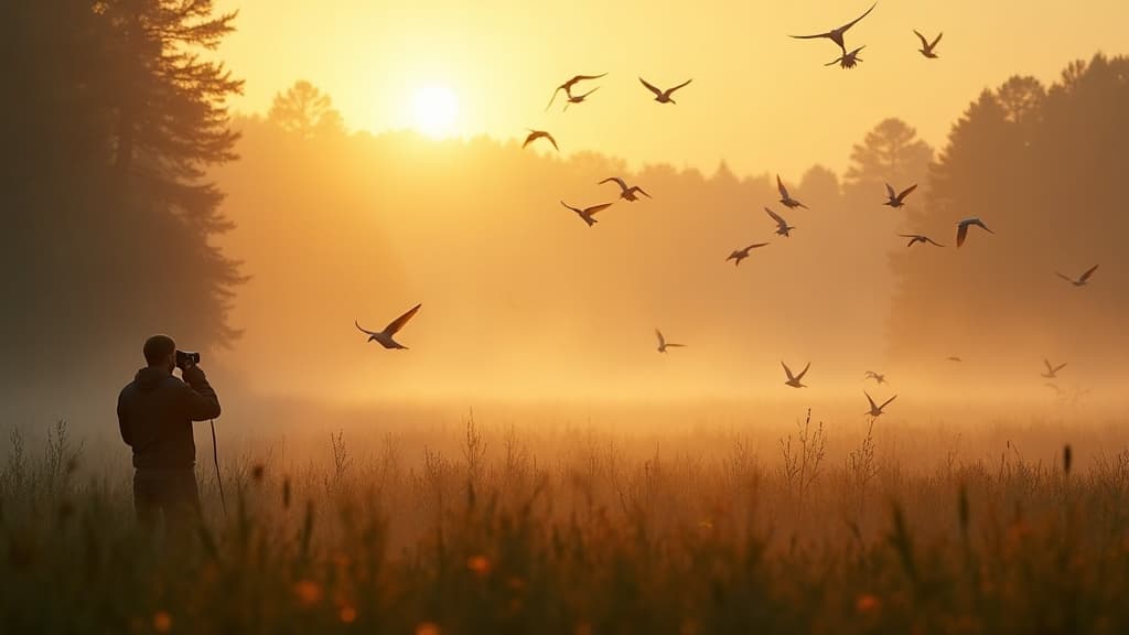 A birder scanning a misty meadow at first light as birds lift off from the grass