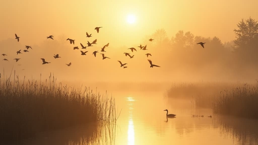 Misty wetlands at dawn with flocks of birds in flight over golden reeds